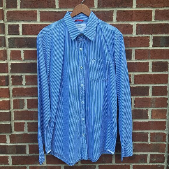 American Eagle Button Up Shirt Mens Large Blue White Stripe Vintage Fit - Picture 1 of 13